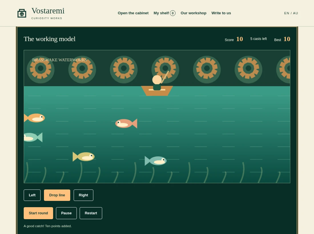 Actual gameplay preview of Brasswake Cast, showing the stage and score controls.
