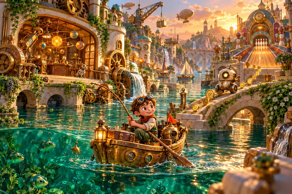 A young inventor fishes through a golden clockwork waterfront, with a coin robot and a bowling tower.