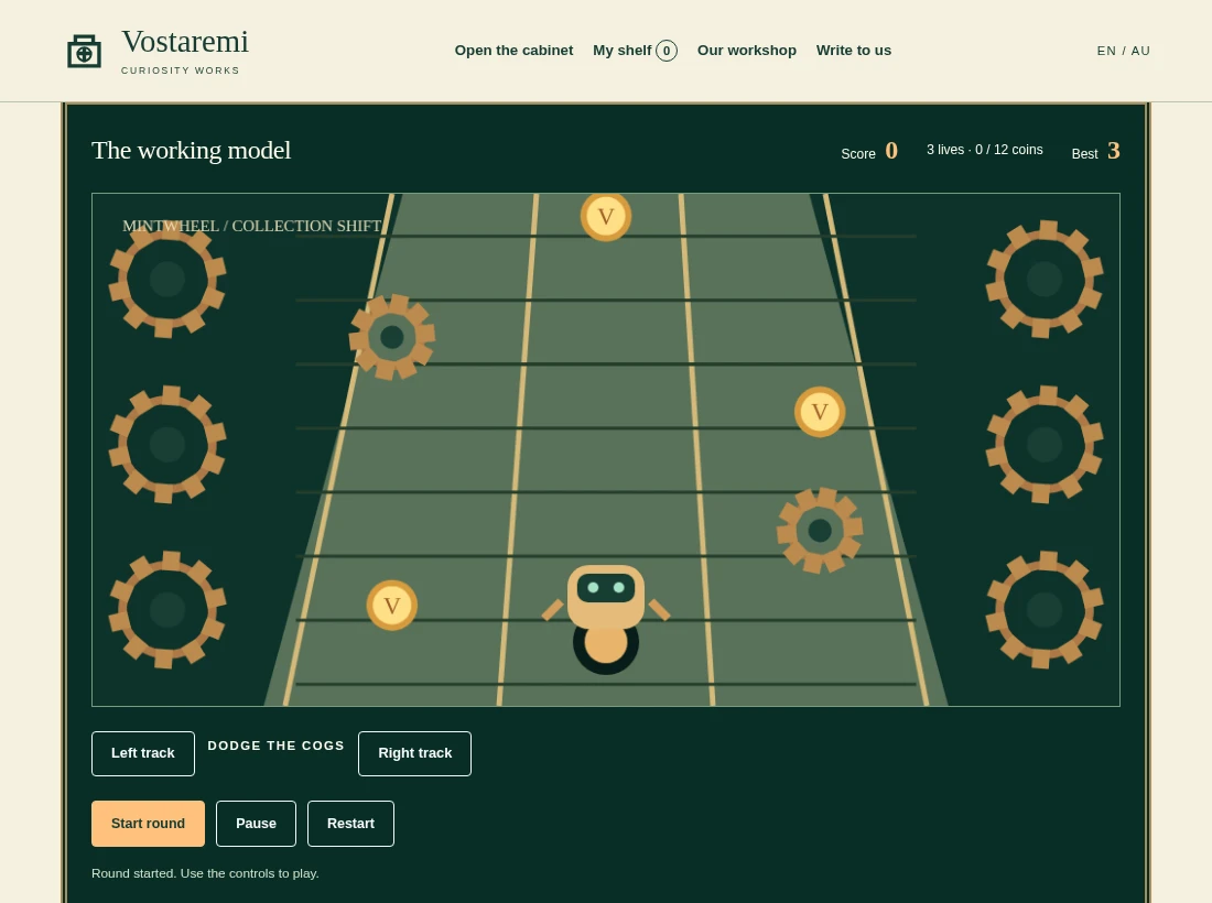 Actual gameplay preview of Mintwheel Run, showing the stage and score controls.