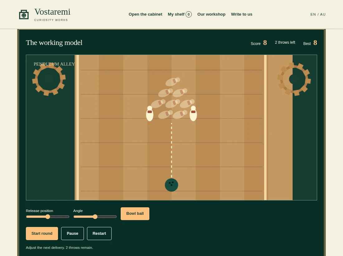 Actual gameplay preview of Pendulum Pins, showing the stage and score controls.