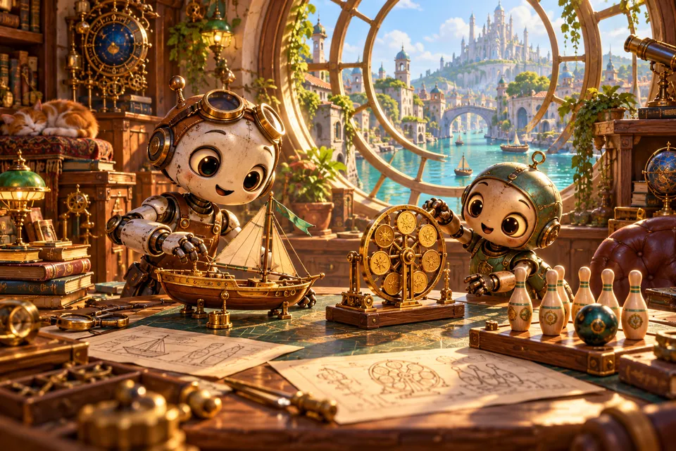 Two small inventors at a bright workbench, surrounded by playful mechanical models.